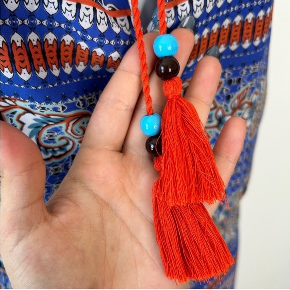 THE LIMITED Blue Orange Paisley Floral Tassel Tie Waist Maxi Dress Size Medium - Picture 3 of 7
